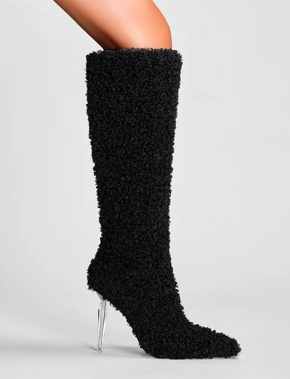 Black High Heel Pointed Toes Lambswool Retro Short Boots Shoes