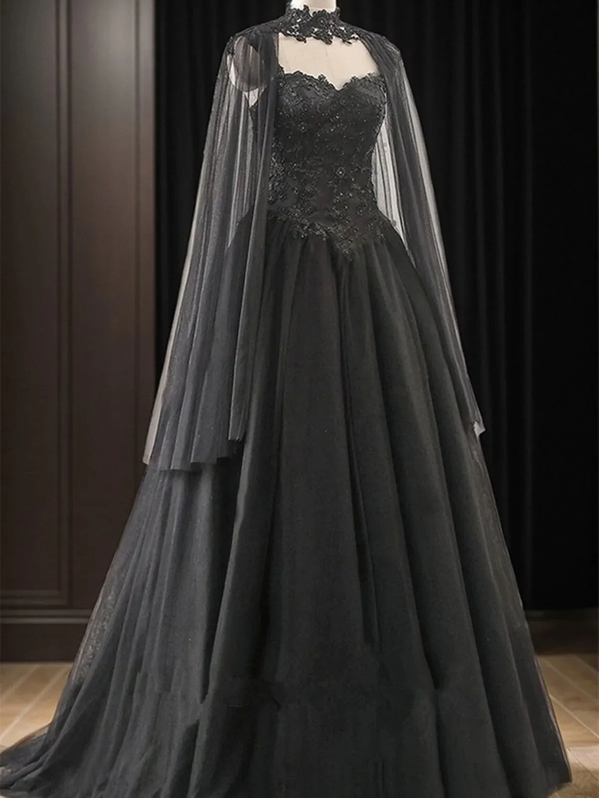 Black High Neckline A-line Tulle with Lace Applique Party Dress, Black Long Prom Dress