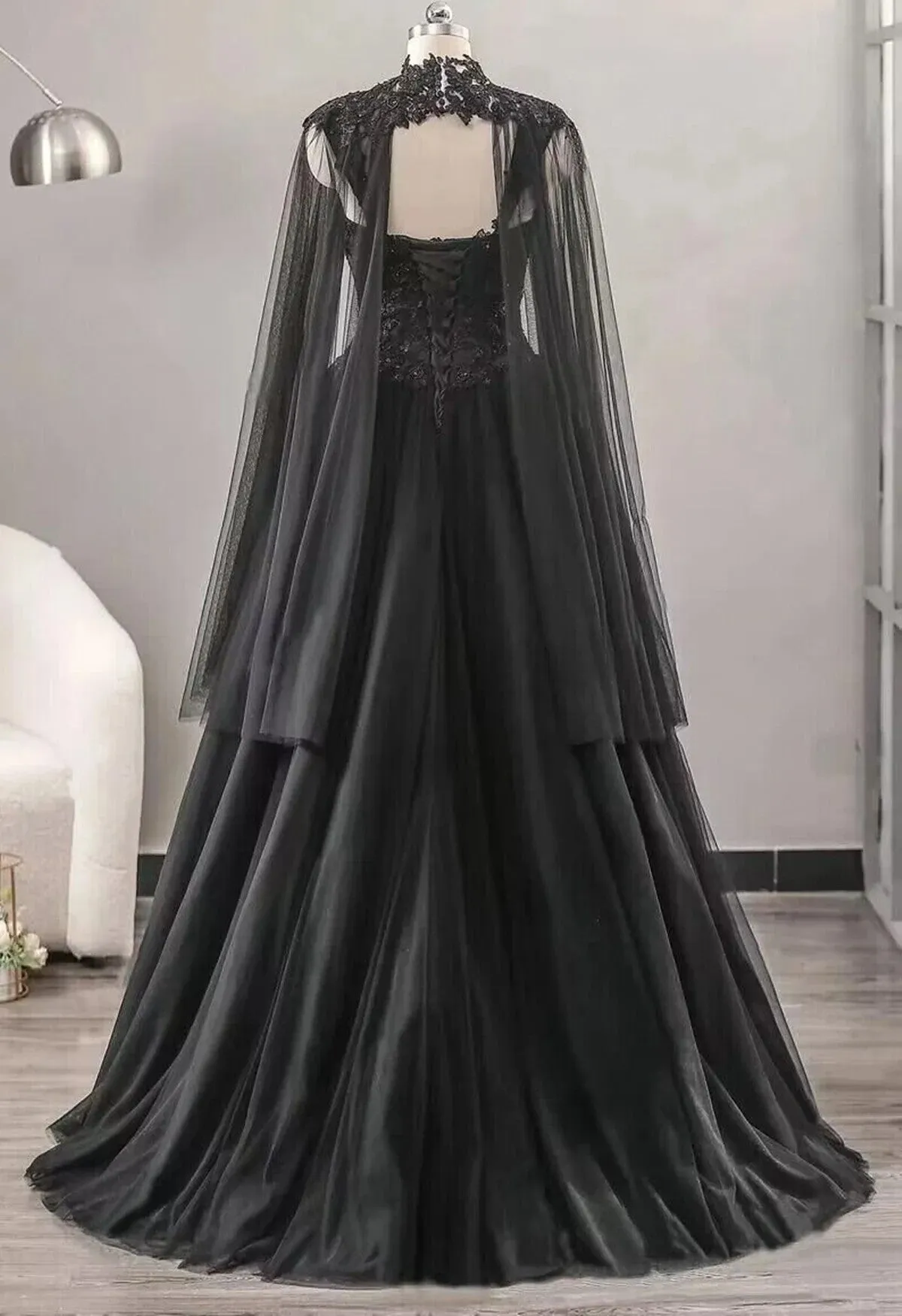 Black High Neckline A-line Tulle with Lace Applique Party Dress, Black Long Prom Dress