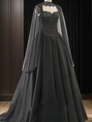 Black High Neckline A-line Tulle with Lace Applique Party Dress, Black Long Prom Dress