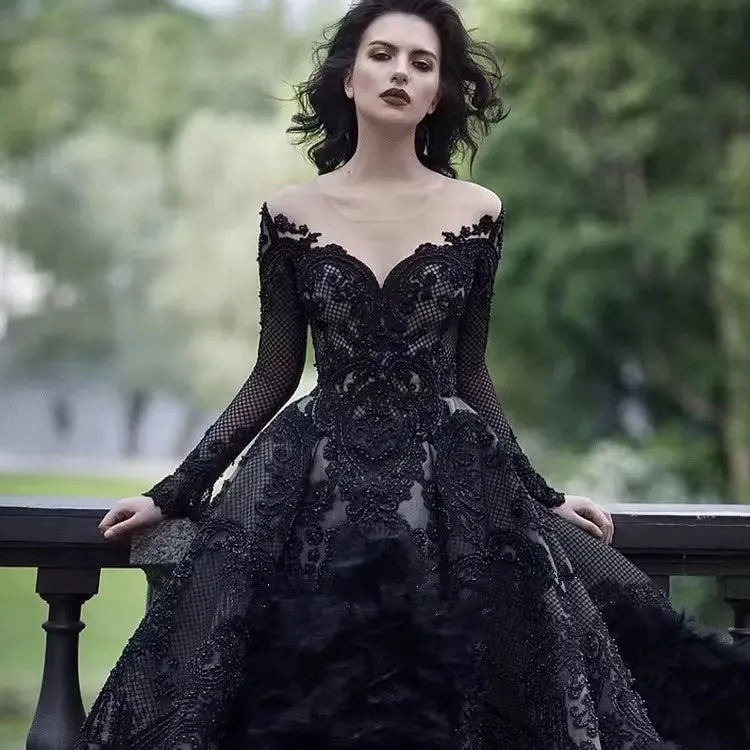 Black Scoop Neckline Long Sleeve V-Neck With Appliques Prom Dresses,SFPD0189