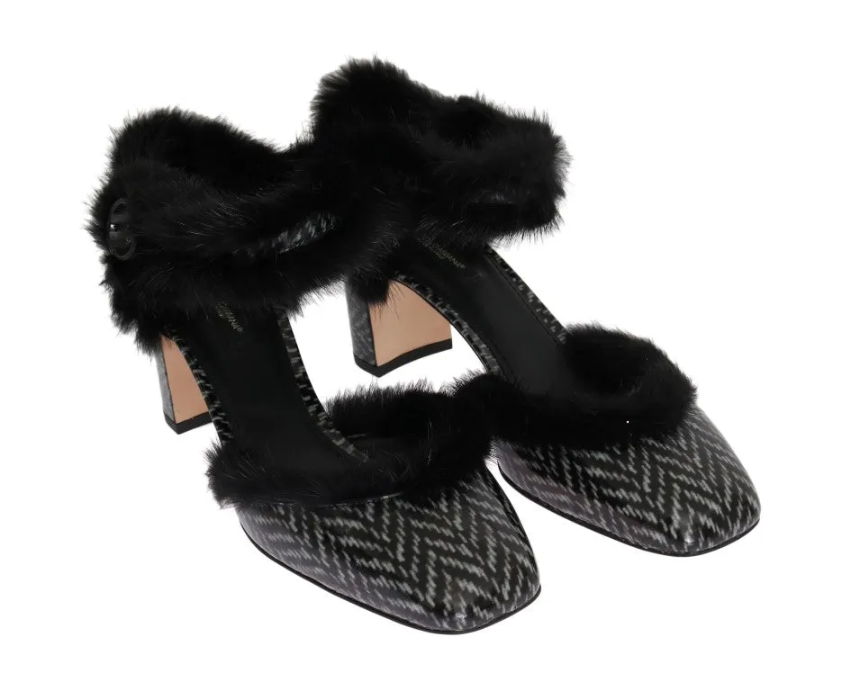 Black White Leather Print Fur Pumps
