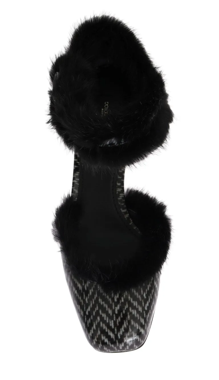 Black White Leather Print Fur Pumps