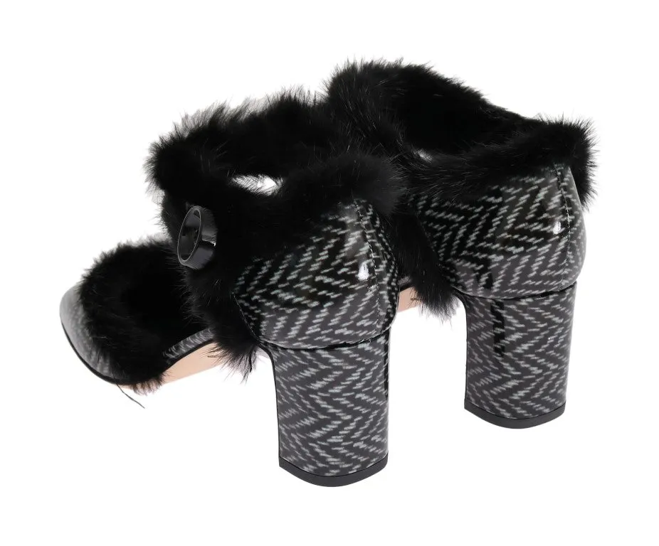 Black White Leather Print Fur Pumps