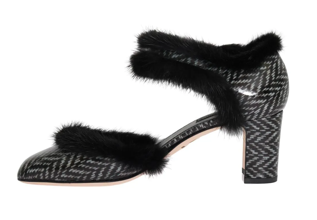 Black White Leather Print Fur Pumps