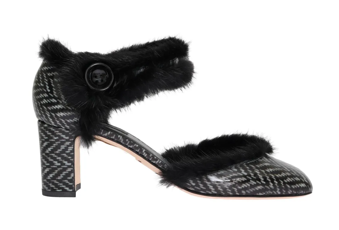 Black White Leather Print Fur Pumps