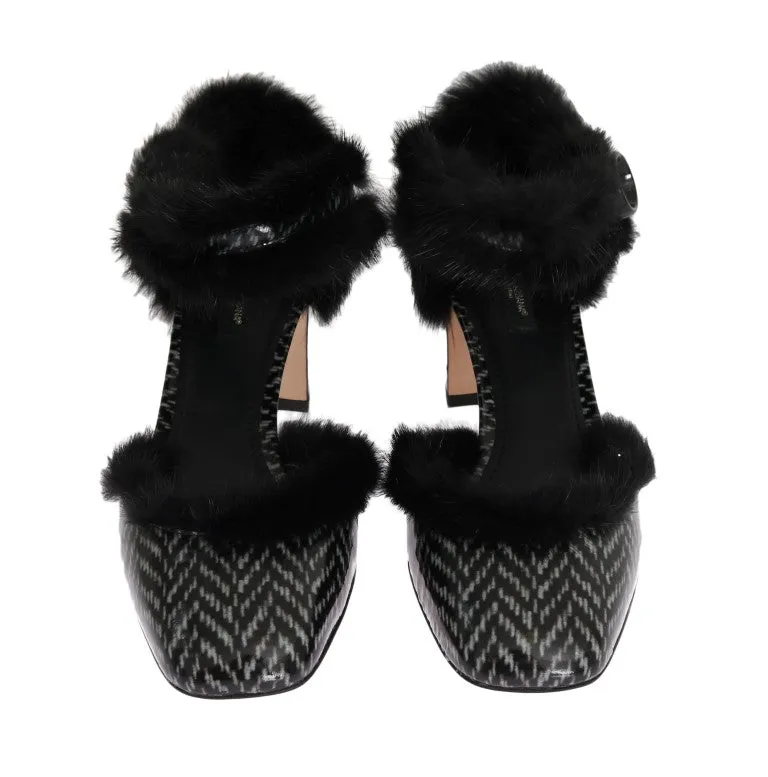 Black White Leather Print Fur Pumps
