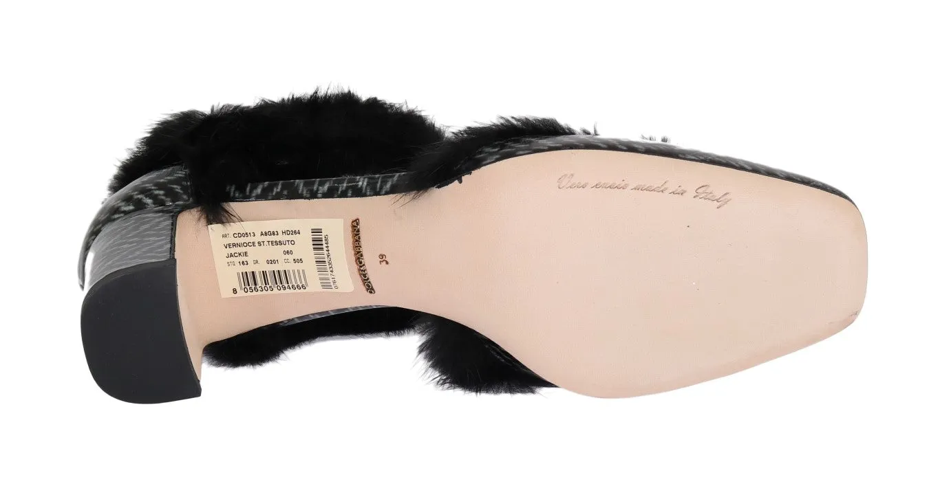 Black White Leather Print Fur Pumps
