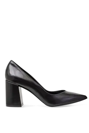 Block Heel Black Leather Pumps