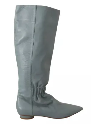 Blue Leather Elastic Flats Pull On Knee High Boots Shoes