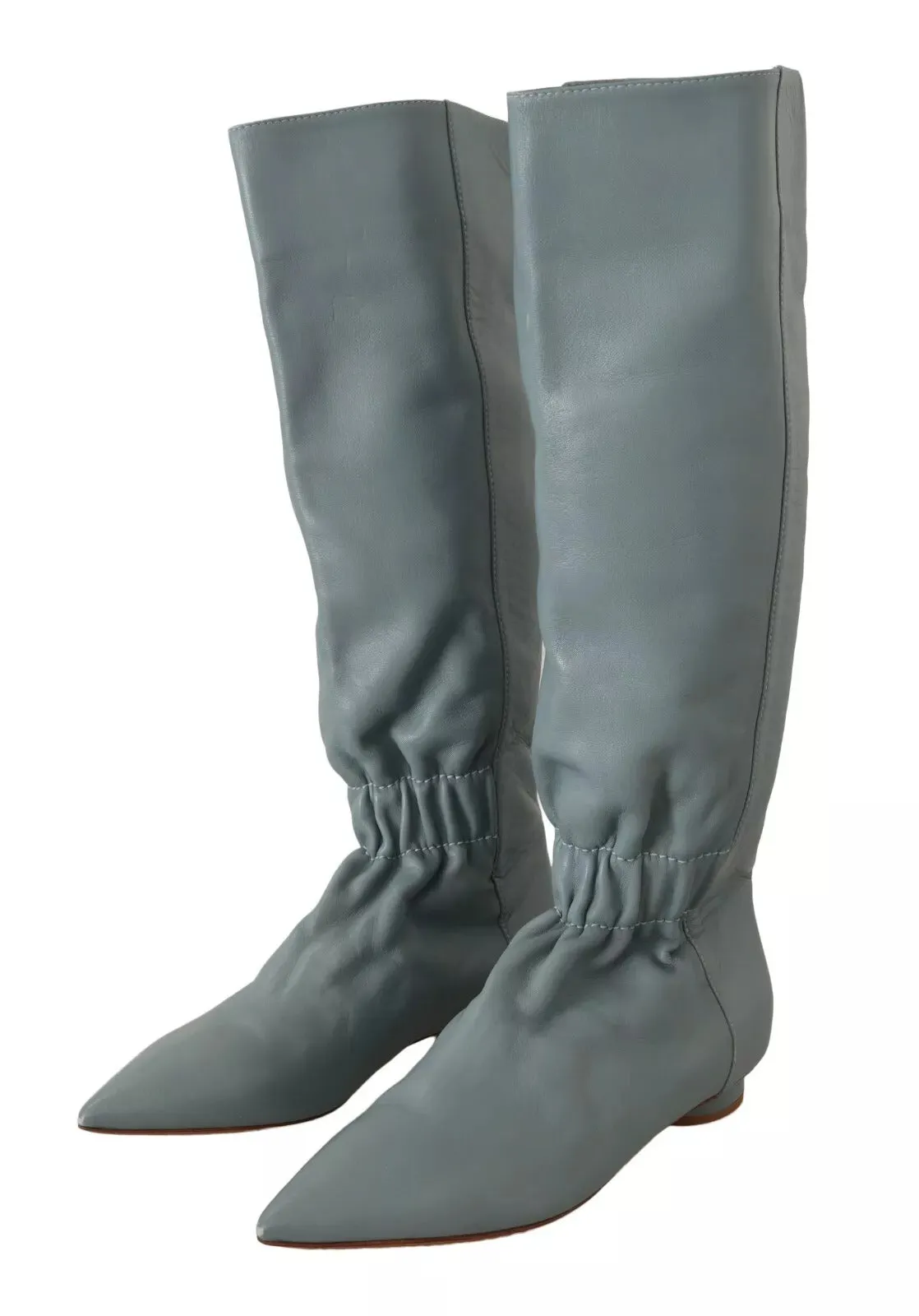 Blue Leather Elastic Flats Pull On Knee High Boots Shoes