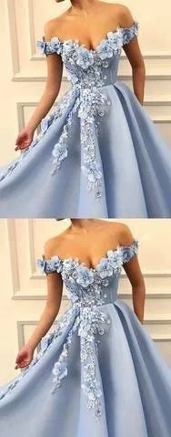 Blue Off Shoulder Flower Appliques A-line Long Modest Beautiful Prom Dresses TP0176