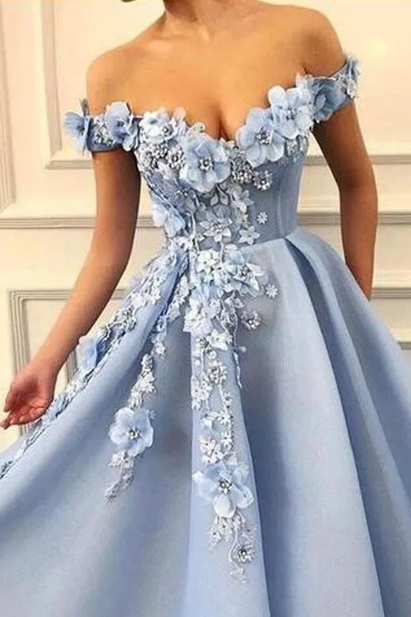 Blue Off Shoulder Flower Appliques A-line Long Modest Beautiful Prom Dresses TP0176