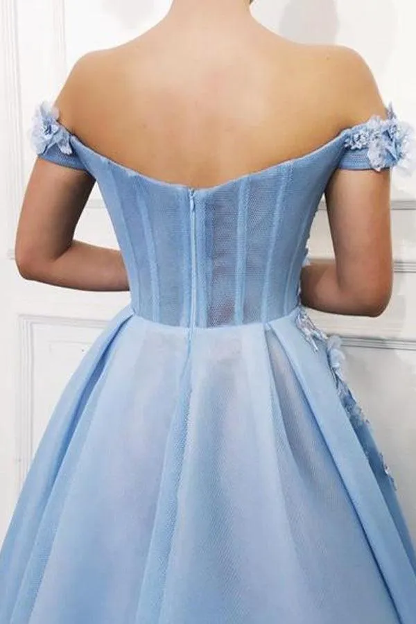 Blue Off Shoulder Flower Appliques A-line Long Modest Beautiful Prom Dresses TP0176