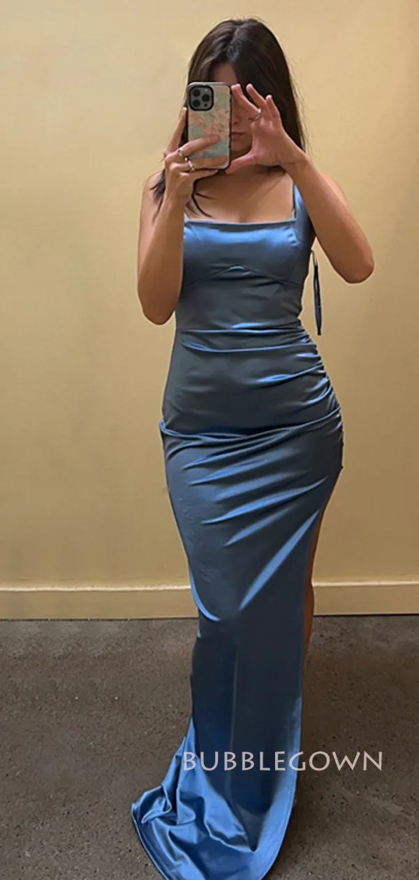 Blue Satin Mermaid High Slit Long Evening Prom Dresses, BGS0343