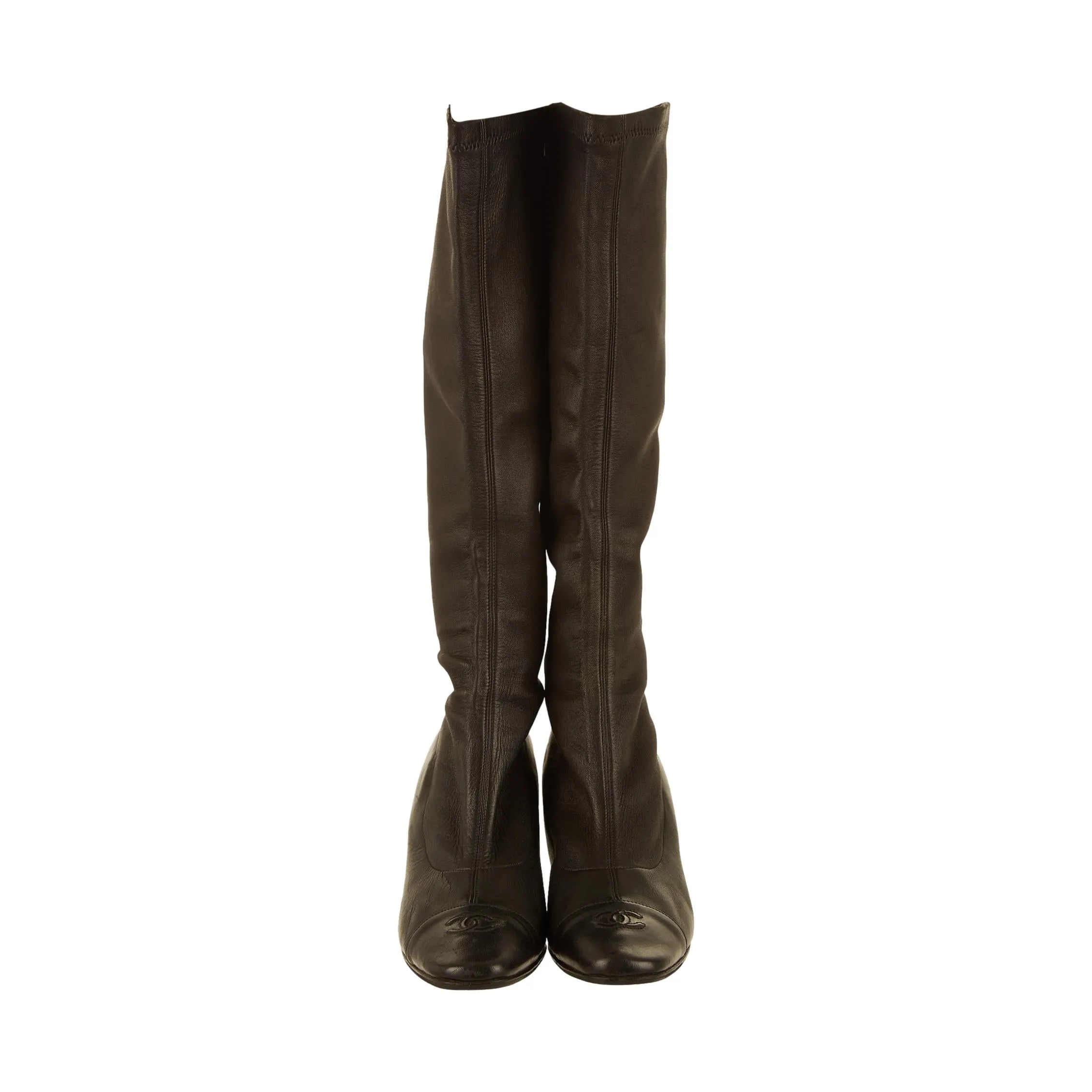 Chanel Black Logo Knee High Leather Boots