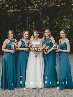 Charming A-Line Mismatched Chiffon Long Bridesmaid Dresses With Pleats,RBWG0025