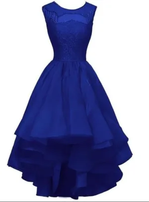 Charming Blue Asymmetrical Prom Dress with Lace Sequins, Homecoming Dress