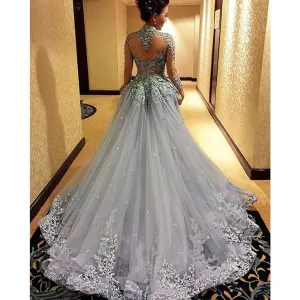 Charming High Neck Long Sleeve Grey Long Prom Dresses, BG51098