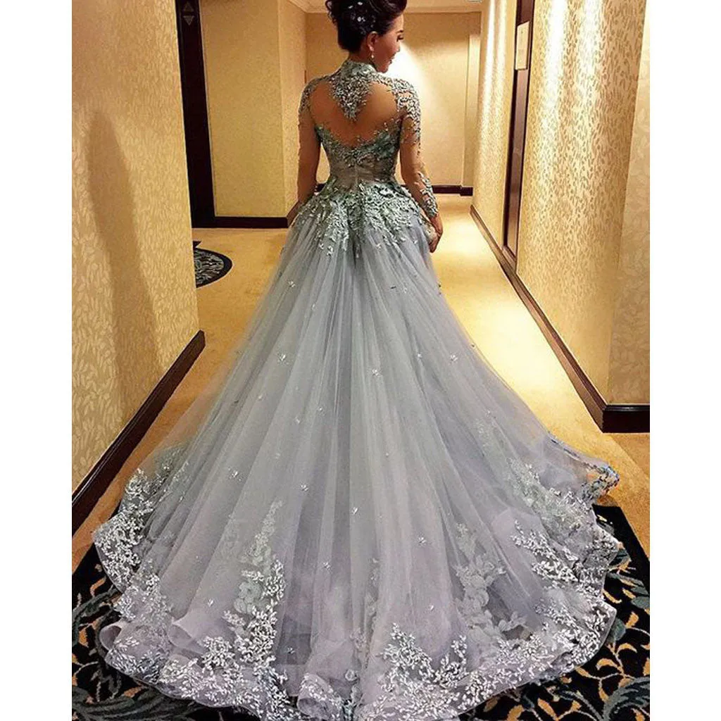 Charming High Neck Long Sleeve Grey Long Prom Dresses, BG51098