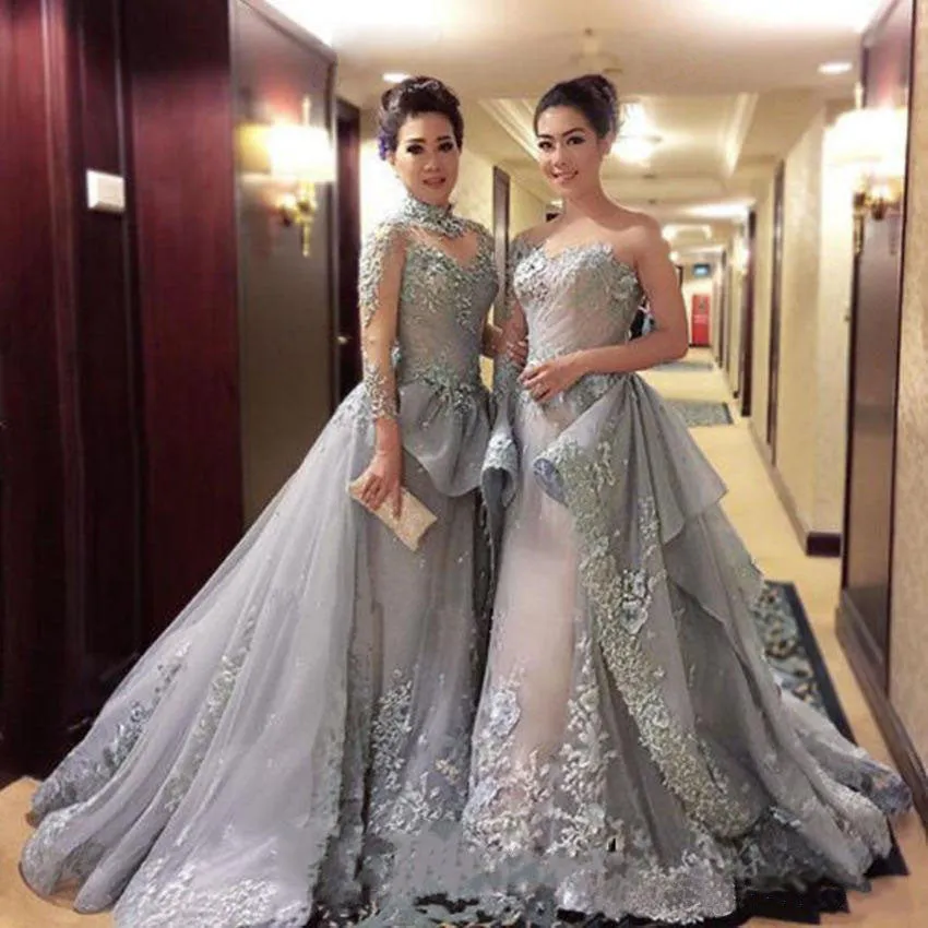 Charming High Neck Long Sleeve Grey Long Prom Dresses, BG51098