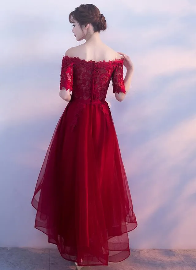 Charming Wine Red High Low Party Dress, New Burgundy Prom Dress