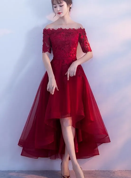 Charming Wine Red High Low Party Dress, New Burgundy Prom Dress