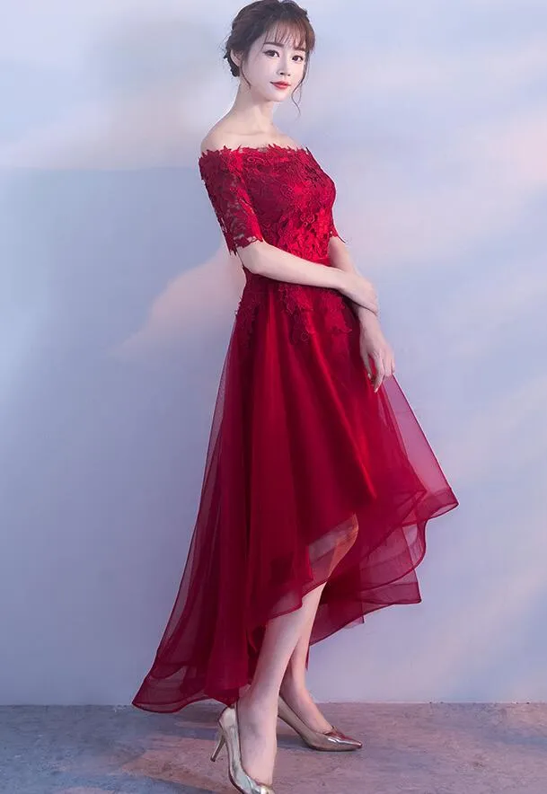 Charming Wine Red High Low Party Dress, New Burgundy Prom Dress