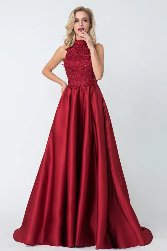 Cheap A-line Red High Neck Applique Satin Long Prom Dress,Evening Dresses OKA67