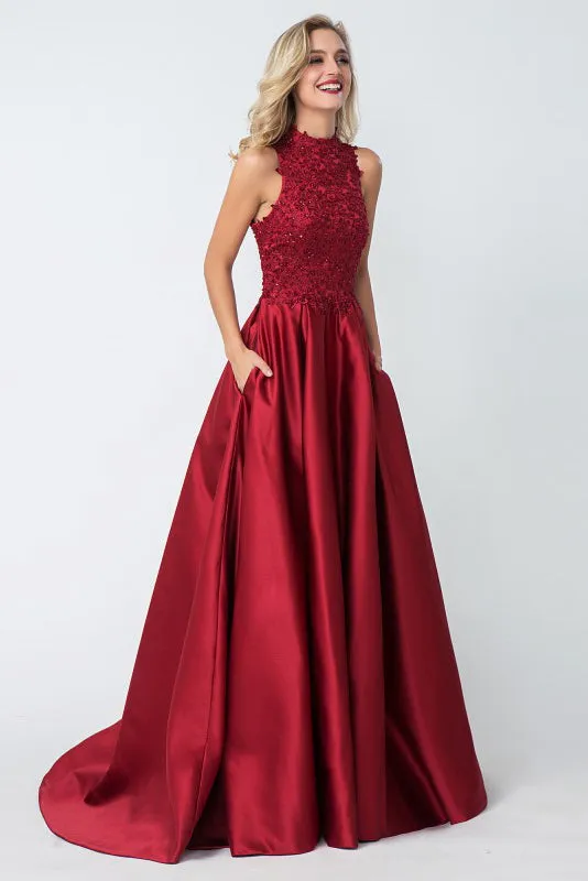 Cheap A-line Red High Neck Applique Satin Long Prom Dress,Evening Dresses OKA67