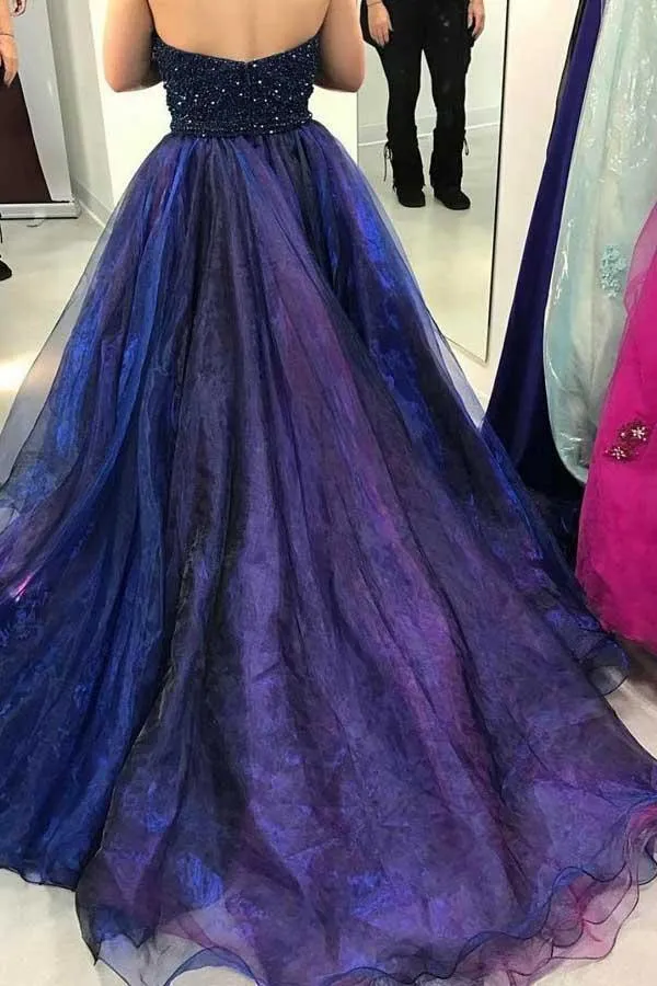 Court Train High Low Royal Blue Tulle Beaded Ruffles Prom Dress PG475