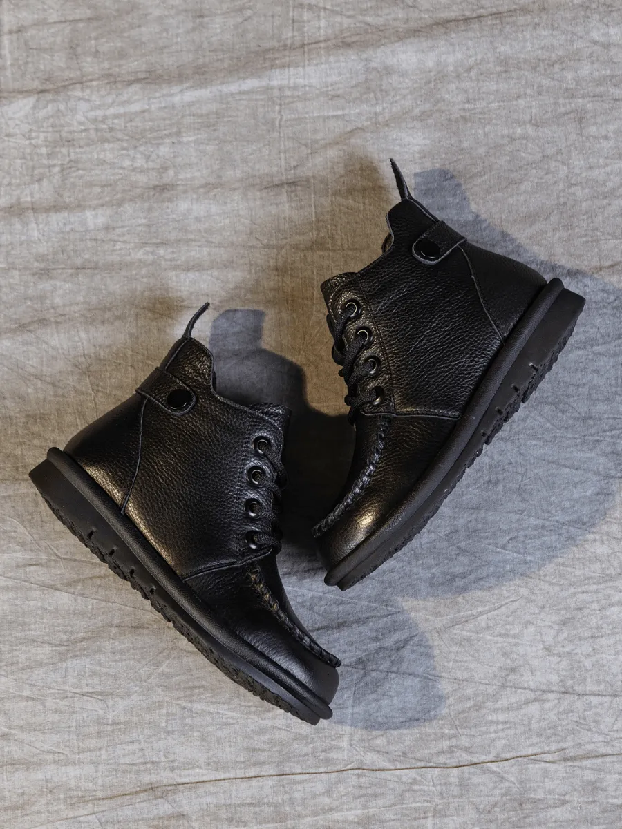 Curved Leather Combat Boots - Black