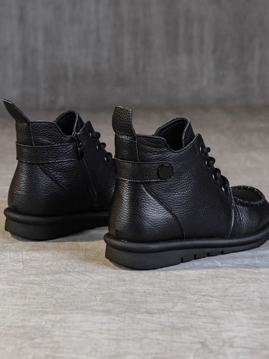 Curved Leather Combat Boots - Black