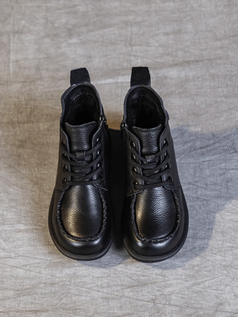 Curved Leather Combat Boots - Black