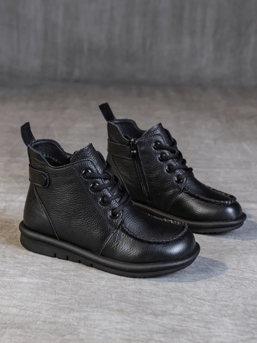 Curved Leather Combat Boots - Black