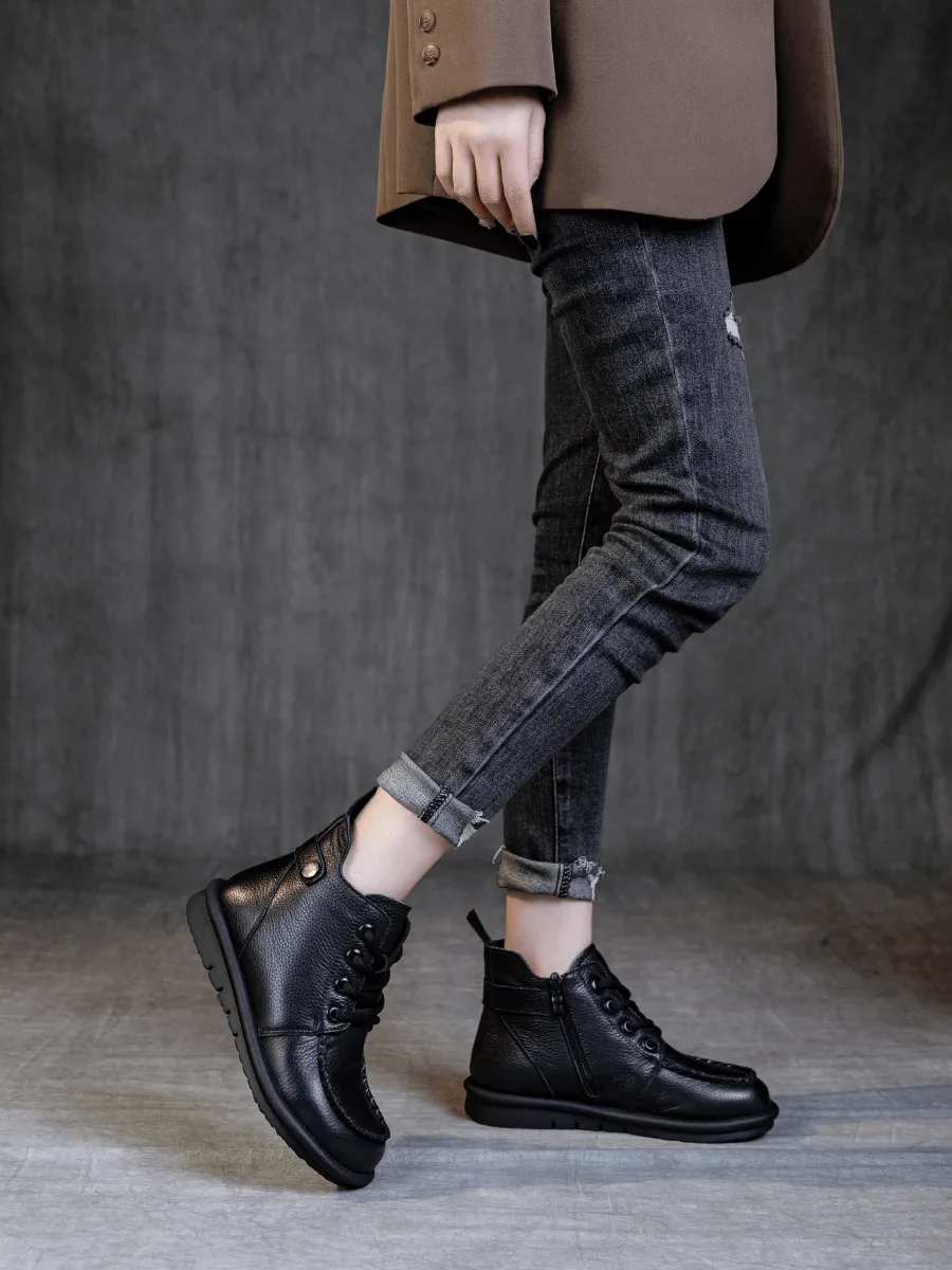 Curved Leather Combat Boots - Black