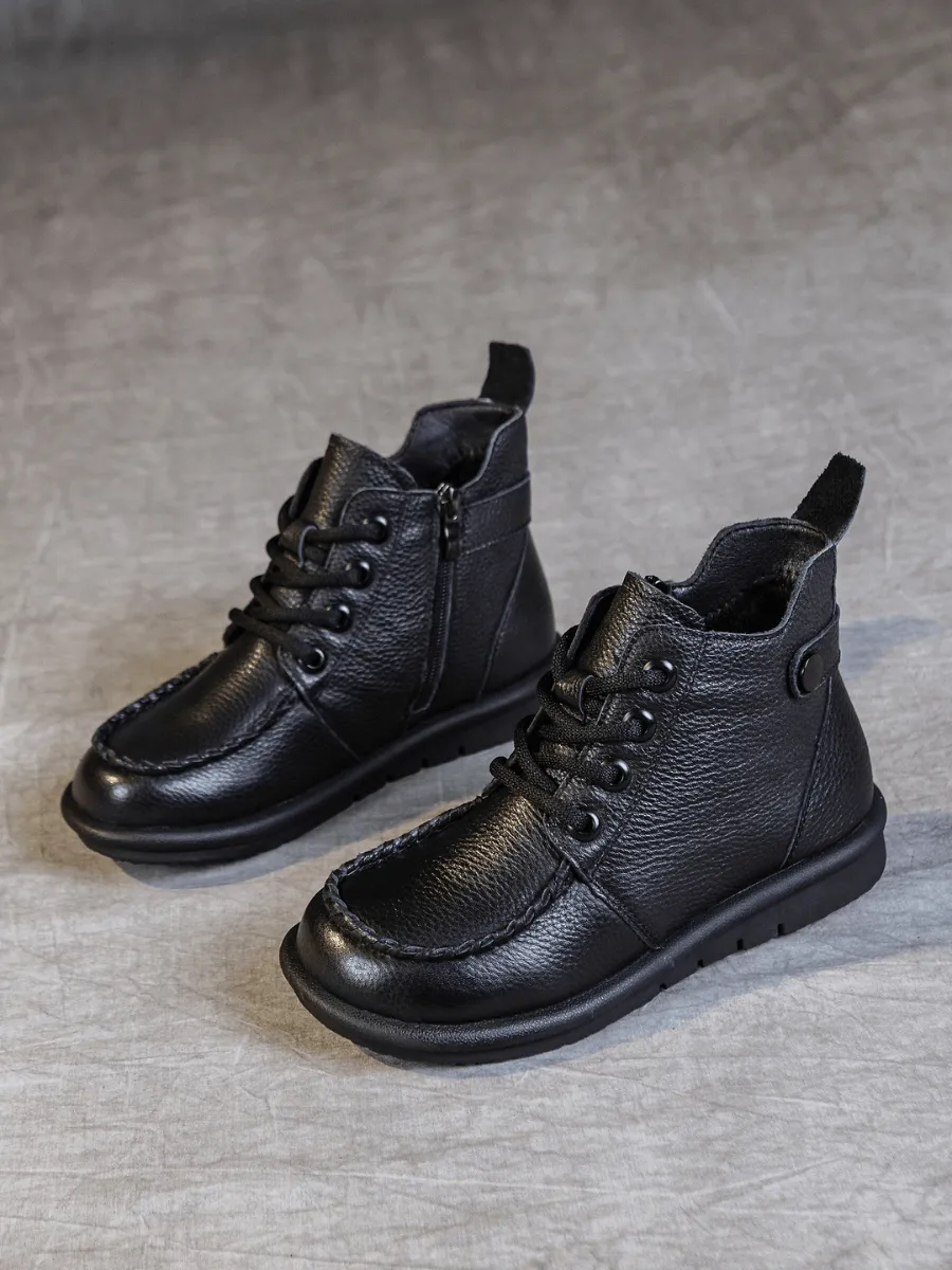 Curved Leather Combat Boots - Black
