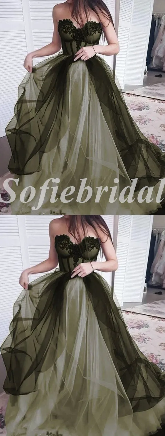 Elegant Tulle Sweetheart V-Neck Sleeveless A-Line Long Prom Dresses With Applique,SFPD0602