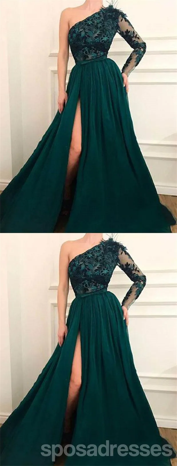 Emerald Green A-line Long Sleeves One Shoulder High Slit Prom Dresses Online,12729