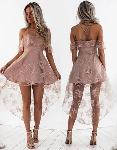 Fashion A-Line Lace Off-Shoulder Blush High Low Short Homecoming Dress, SH371