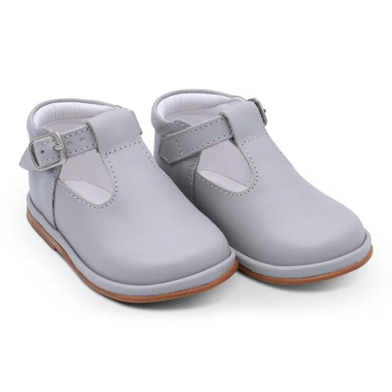 'Fernando' Boys Light Grey Leather T-Bar Shoes