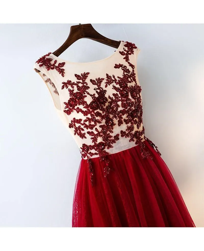 Formal Red Sequined Tulle Prom Dress Long Evening Dress With Lace   TD004