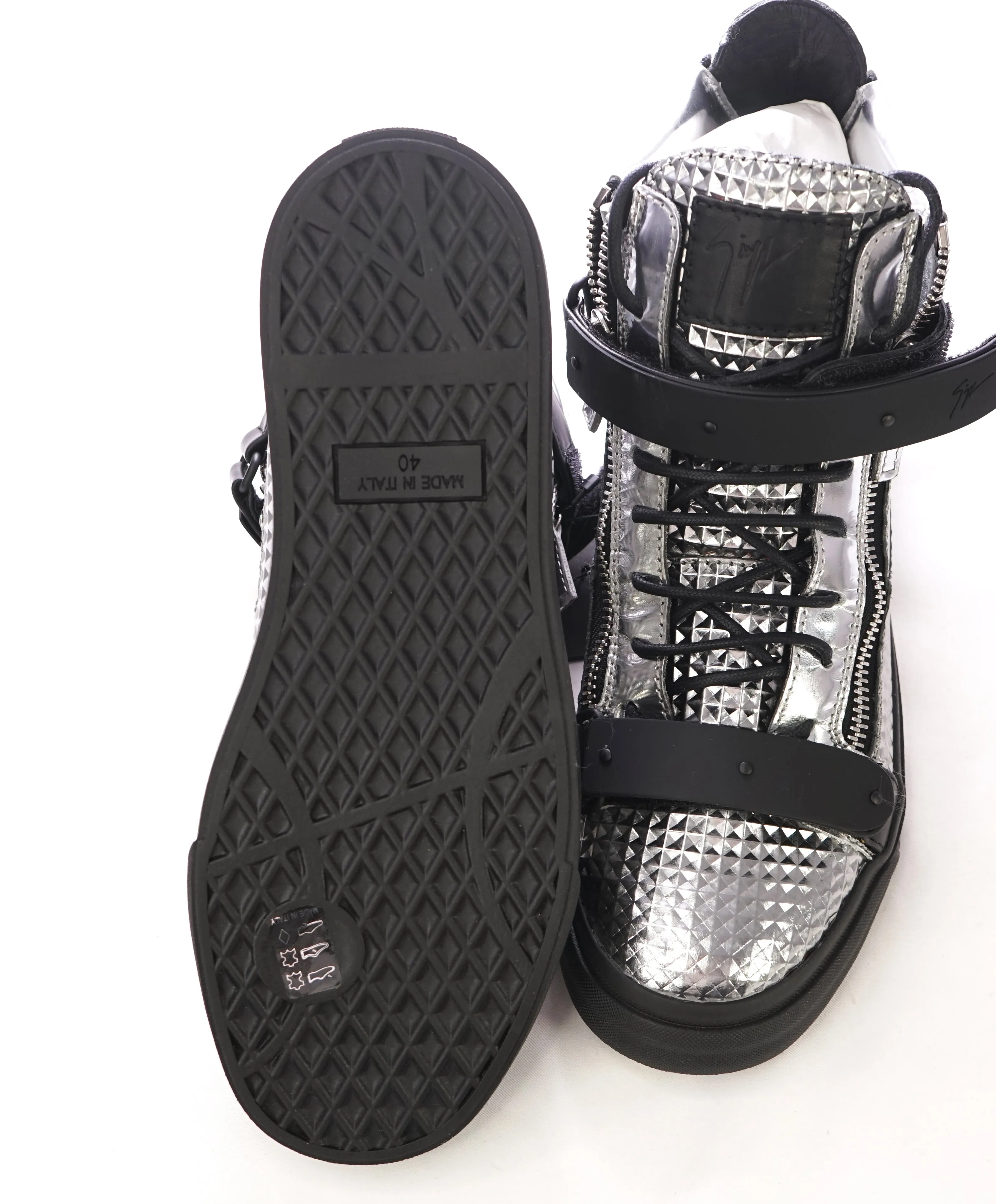 GIUSEPPE ZANOTTI - Diamond Embossed Silver High Top Sneakers - 7US (40EU)