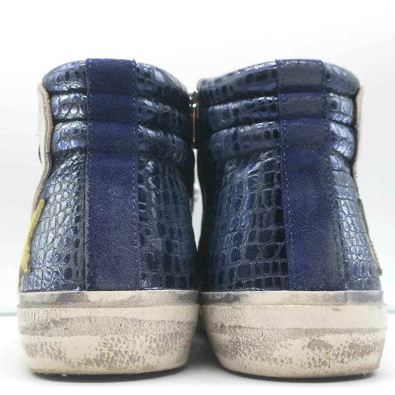 Golden Goose Slide High Top Sneakers Navy Suede & Croc-Embossed Leather Size 38
