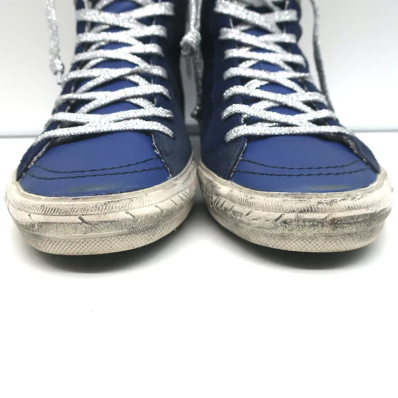 Golden Goose Slide High Top Sneakers Navy Suede & Croc-Embossed Leather Size 38