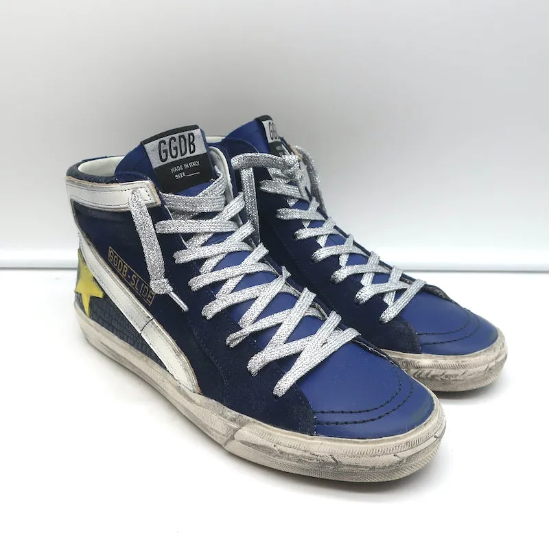 Golden Goose Slide High Top Sneakers Navy Suede & Croc-Embossed Leather Size 38
