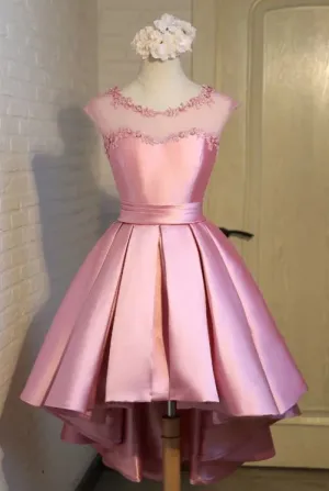 Gorgeous High Low Satin Homecoming Dress, Round Neckline Lace-up Dress