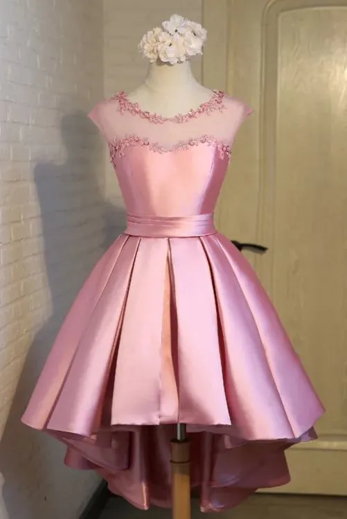Gorgeous High Low Satin Homecoming Dress, Round Neckline Lace-up Dress