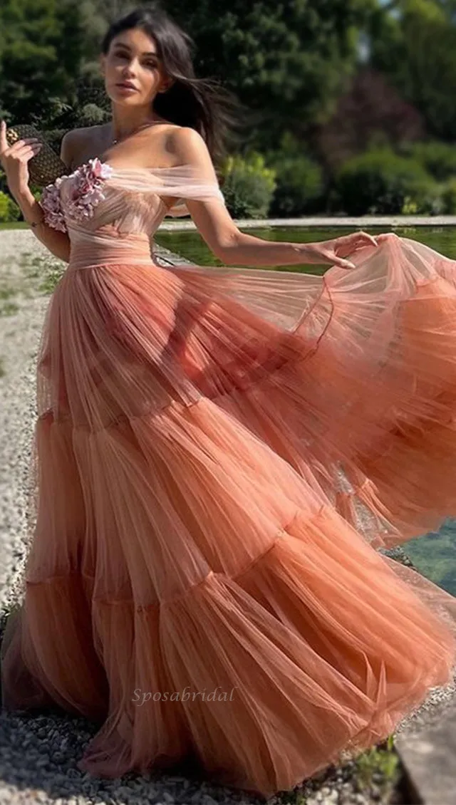 Gradient Coral Pink Off-shoulder Floral Lace Top A-line Long Princess Prom Dress, PD3396