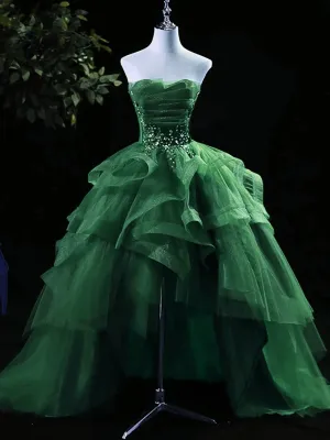 Green High Low Tulle Ruffles Tiered  Beaded Party Dress, High Low Green Prom Dress